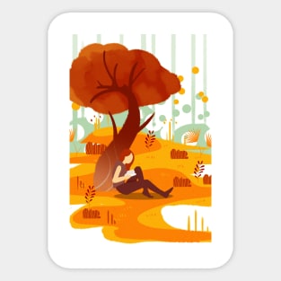 Autumn Reading Girl Under The Tree Sticker